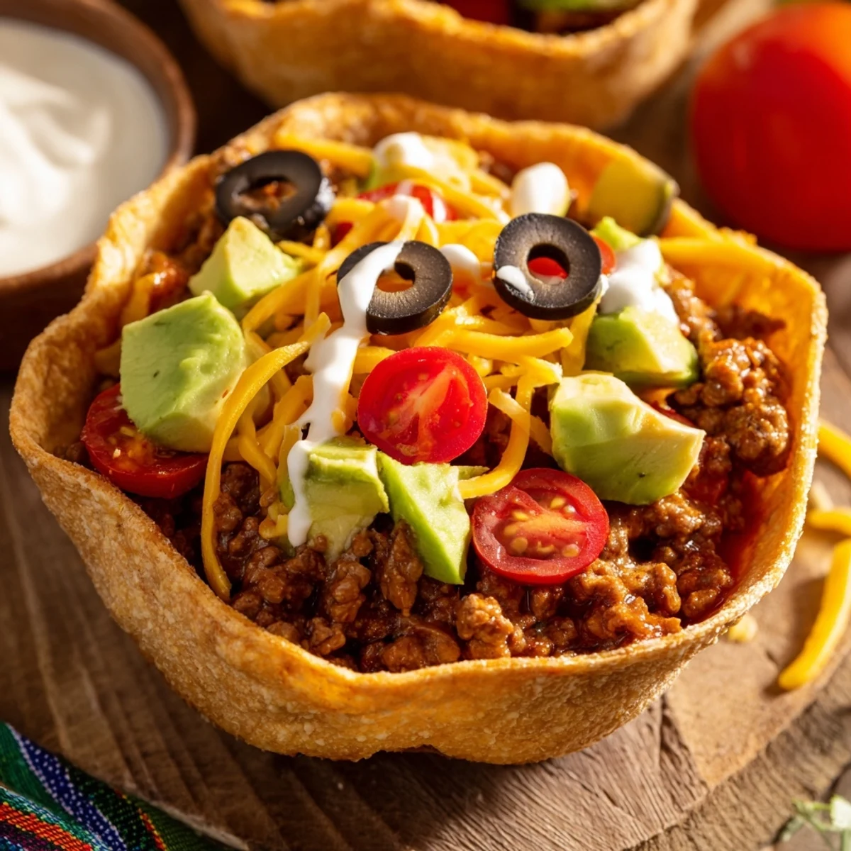 Golden-brown crunchy tortilla bowl filled with seasoned ground beef, fresh lettuce, tomatoes, and avocado slices.