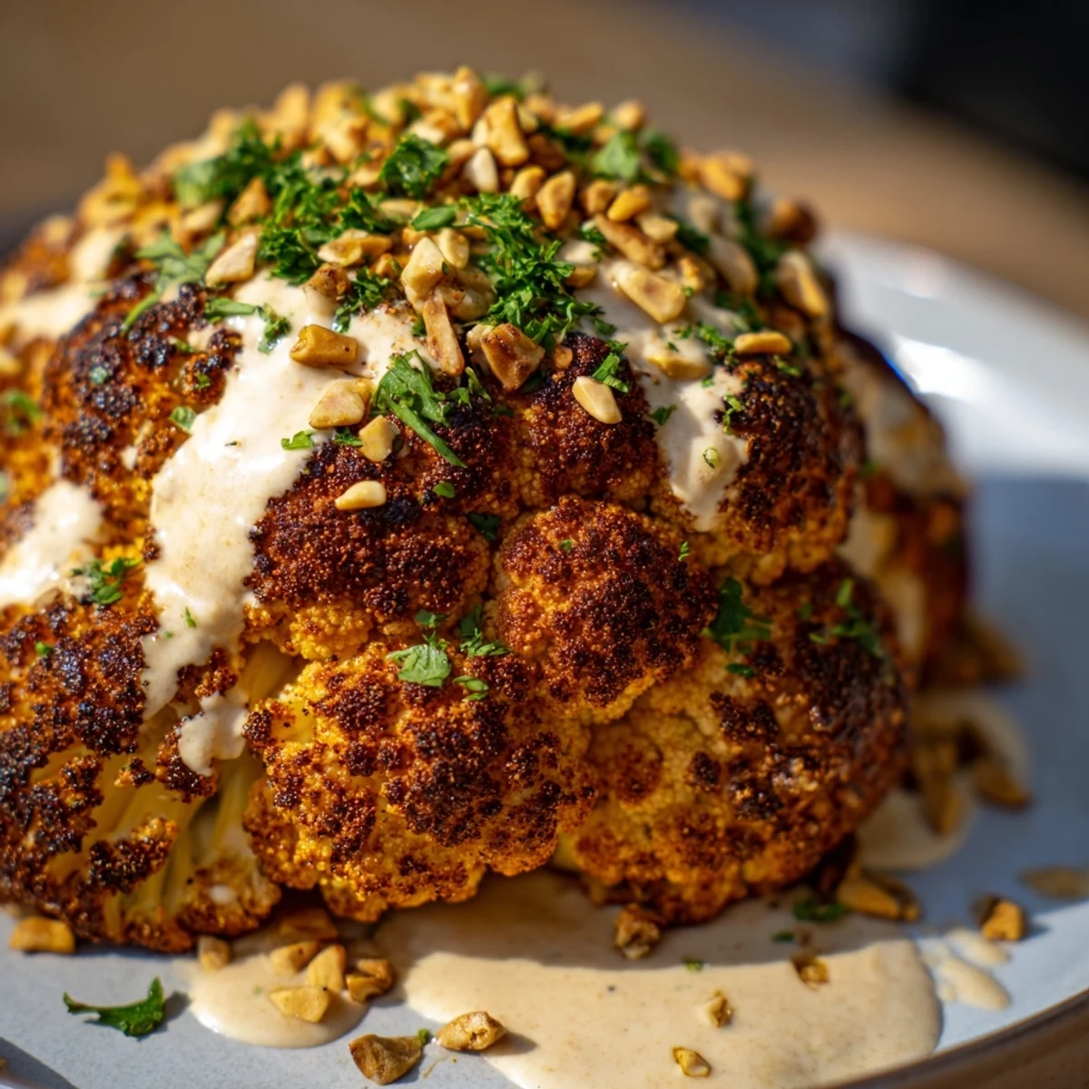 Whole Roasted Cauliflower with Tahini Drizzle garnished with fresh parsley and lemon wedges.