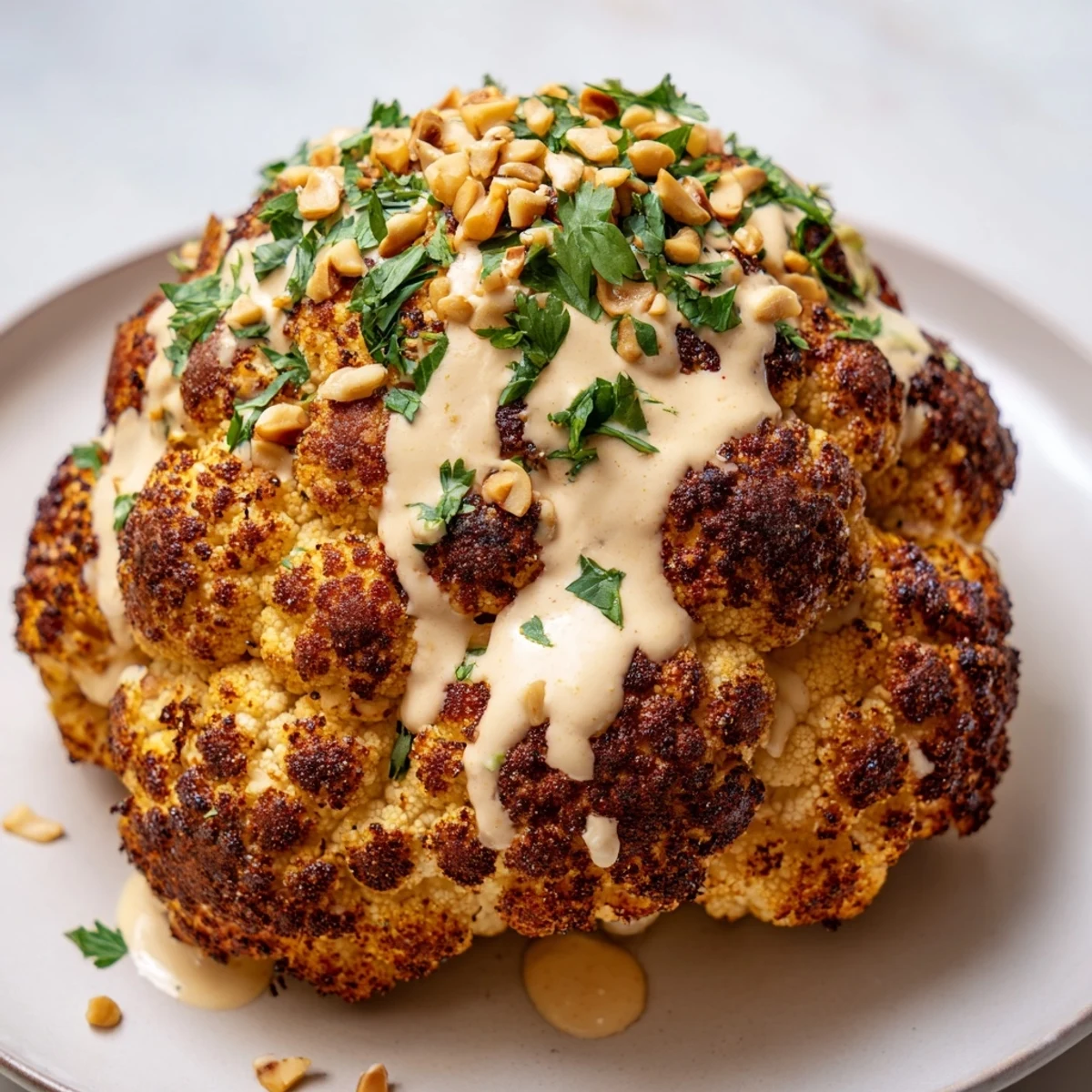A golden, spice-rubbed head of cauliflower sits on a platter, drizzled with creamy lemon tahini sauce.