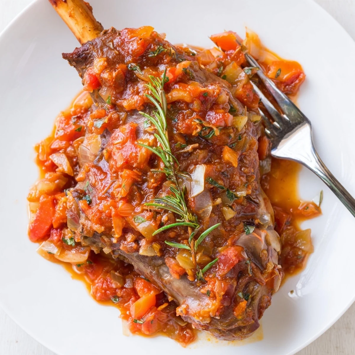 Four Slow Cooked Lamb Shanks in Tomato Herb Sauce are browned and simmering in a deep, aromatic red wine sauce.