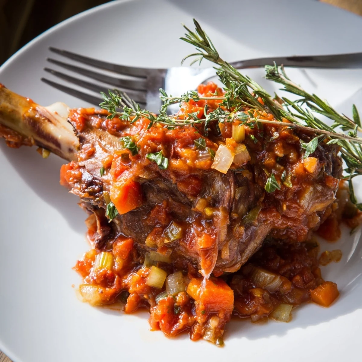 Tender Slow Cooked Lamb Shanks in Tomato Herb Sauce rest on creamy mashed potatoes with a fresh thyme garnish.