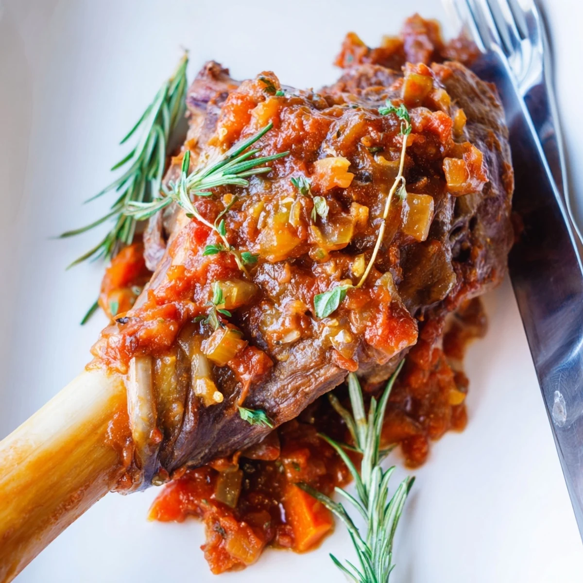 Juicy Slow Cooked Lamb Shanks in Tomato Herb Sauce served on polenta, spooned over with rich, chunky tomato sauce.