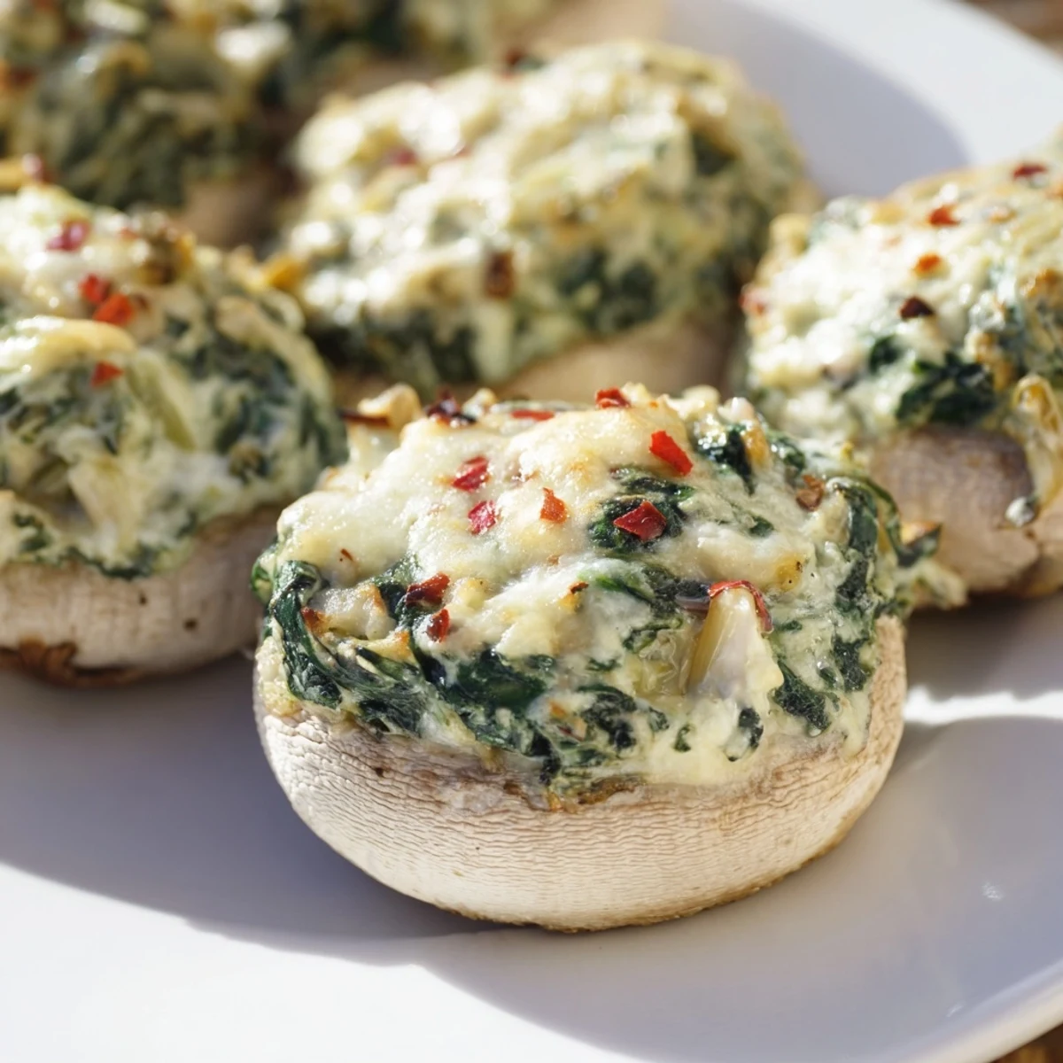 Baked vegetarian appetizer featuring tender mushroom caps filled with spinach, artichoke, and parmesan for a savory party bite.