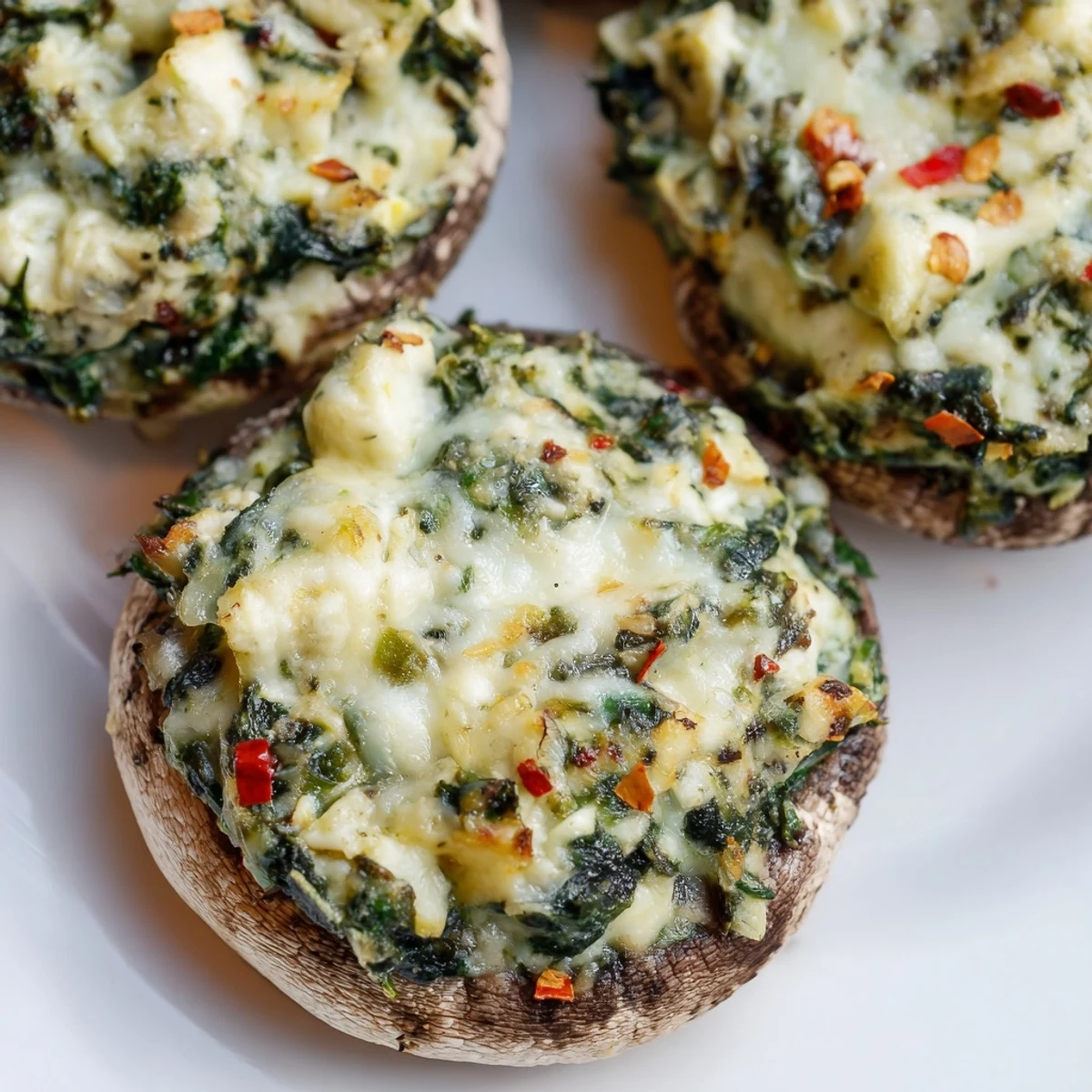 Golden-brown Cheesy Spinach and Artichoke Stuffed Mushrooms, bubbling with melty mozzarella and creamy filling on a rustic tray.
