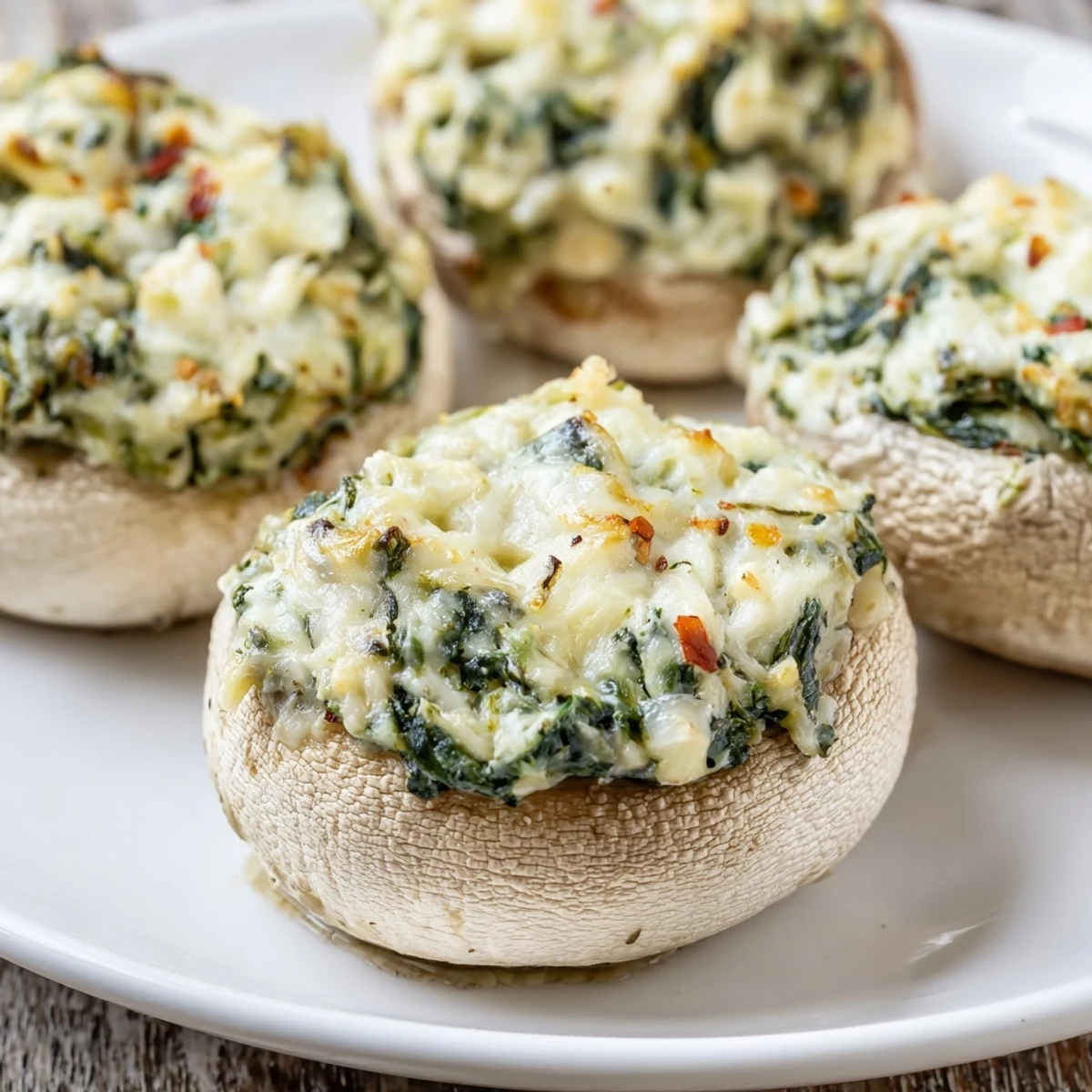 Freshly baked stuffed mushrooms with a golden, bubbly cheese topping, served warm for a crowd-pleasing game day snack.