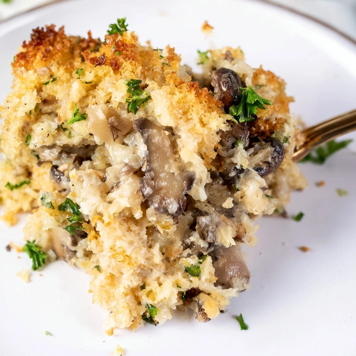 Creamy Mushroom and Wild Rice Casserole served bubbly from the oven with a golden panko topping, ideal for cozy family dinners.