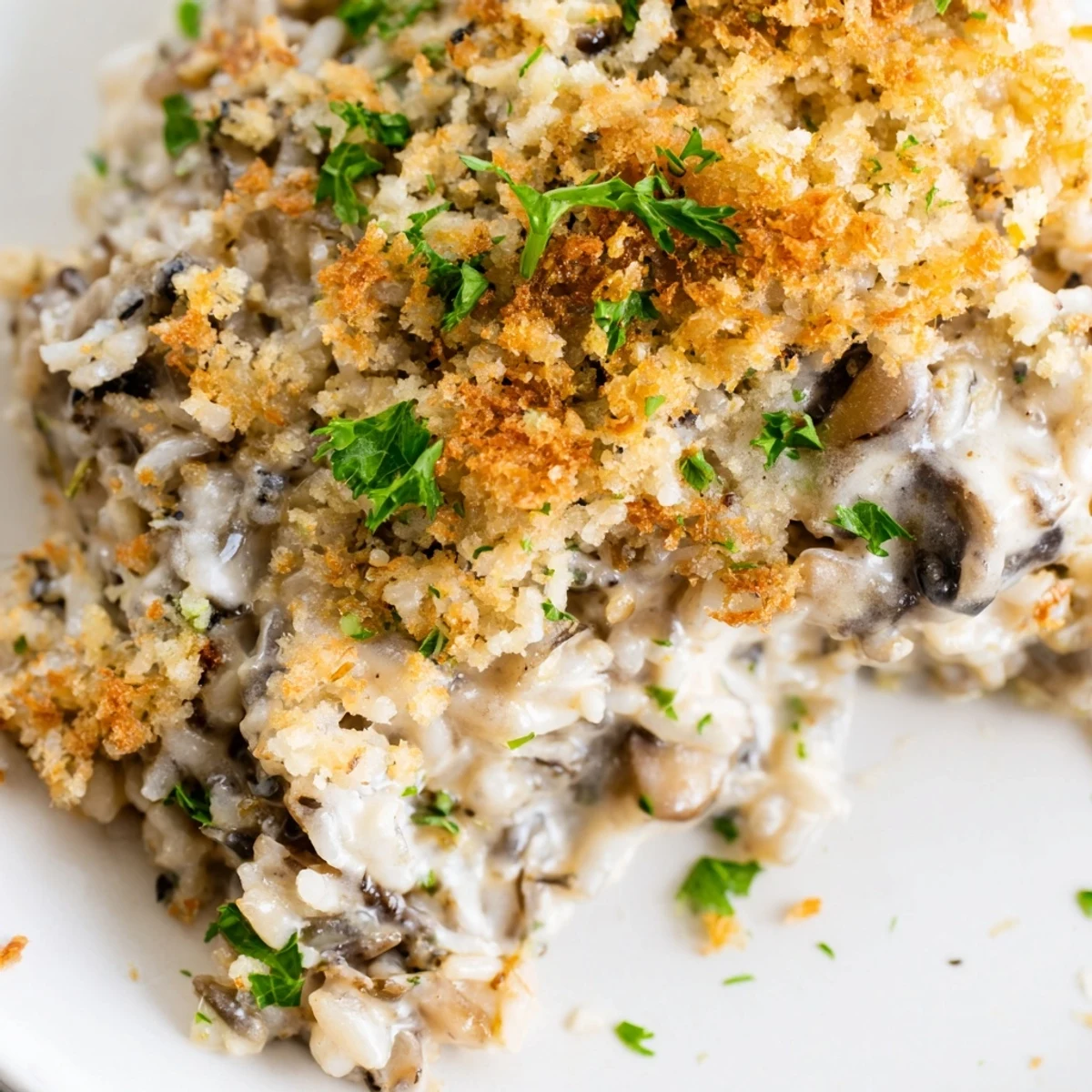 Freshly baked Creamy Mushroom and Wild Rice Casserole on a rustic table, showing a rich, creamy sauce and tender, savory mushrooms.