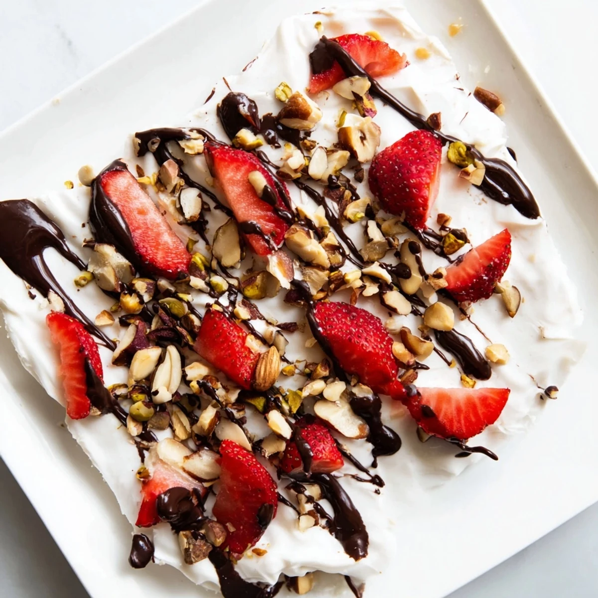 Frosted Chocolate Covered Strawberry Yogurt Bark with Nuts on a chilled tray, perfect for a healthy frozen dessert snack.