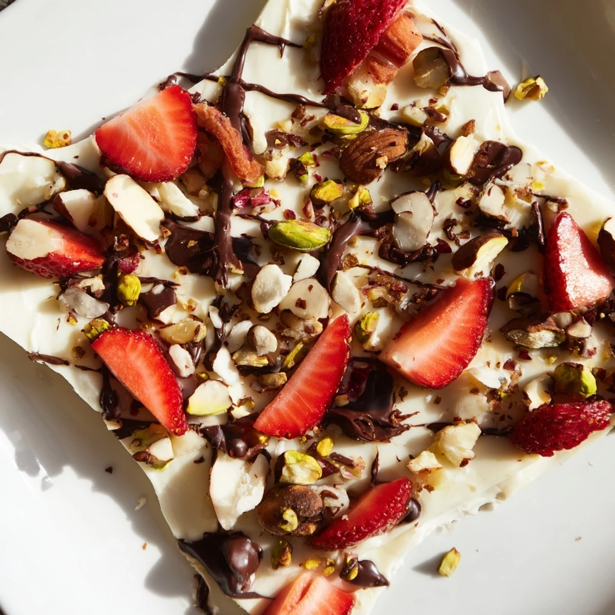 A close-up of frozen Chocolate Covered Strawberry Yogurt Bark with Nuts, highlighting crunchy nuts and creamy Greek yogurt base.