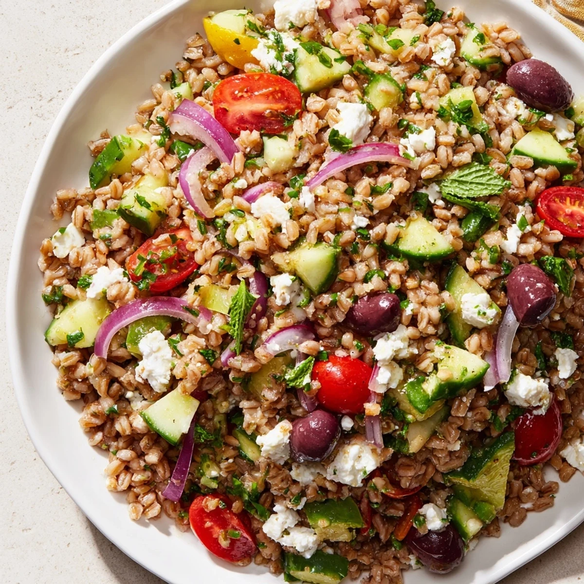 A close-up of Mediterranean Farro Salad with cucumber, tomatoes, olives, and feta on a rustic plate.