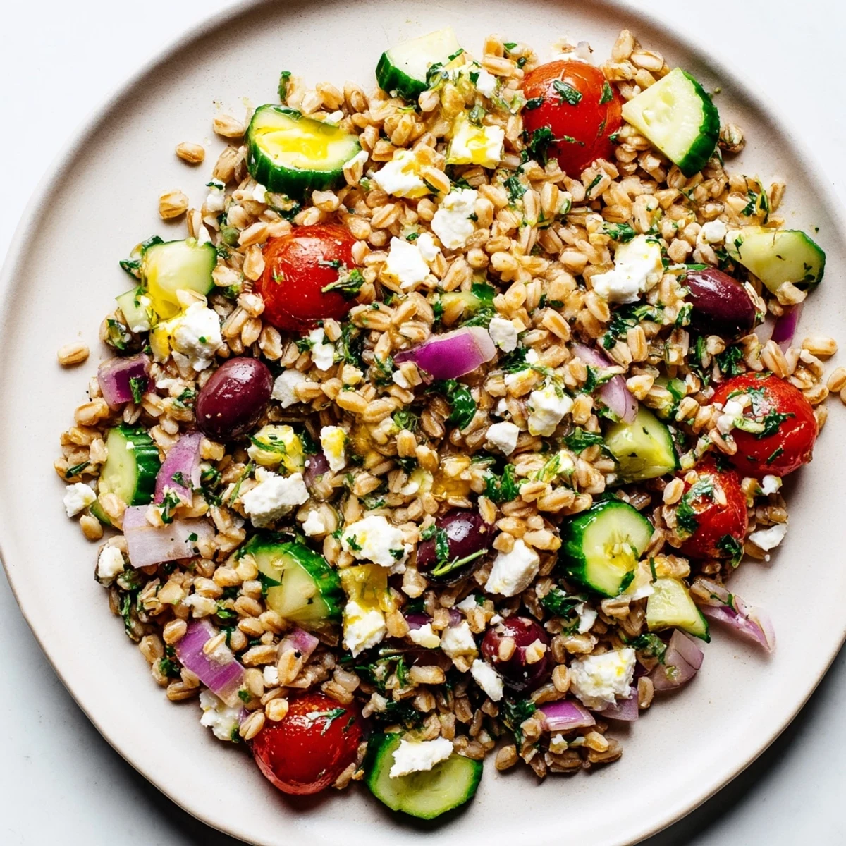 Plump cherry tomatoes and diced cucumbers mix with chewy farro, crumbled feta, and Kalamata olives.