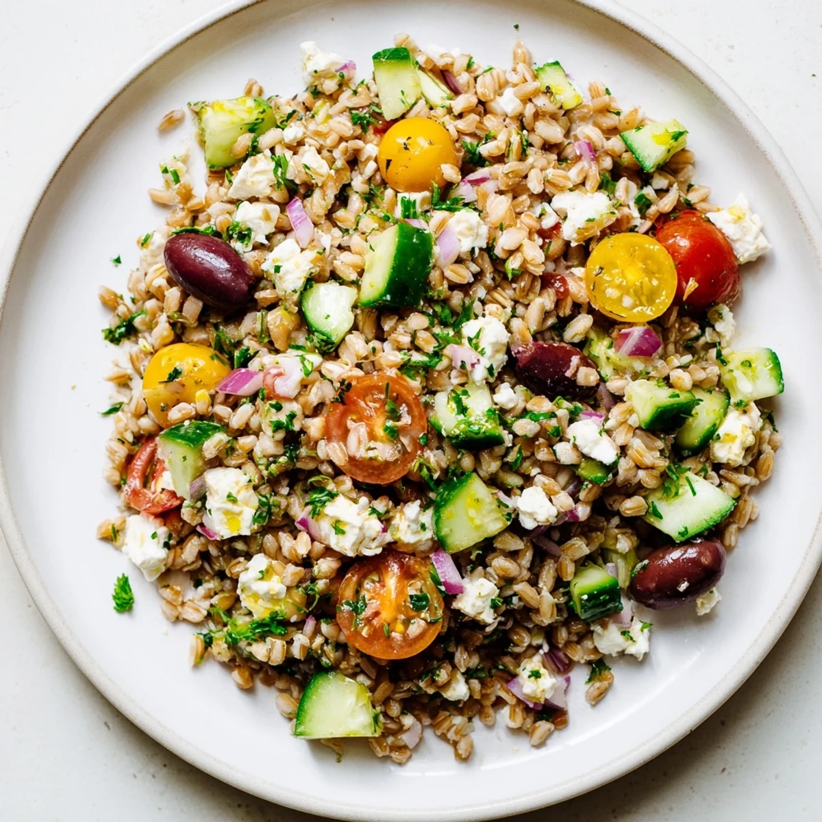 Ready-to-eat Mediterranean Farro Salad garnished with fresh mint and parsley, perfect for a summer lunch.