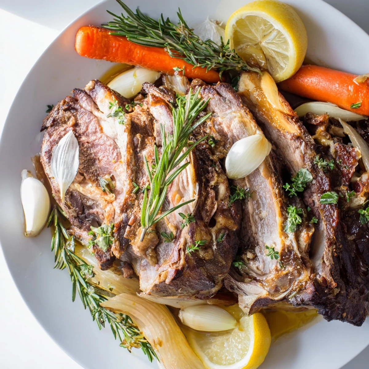Aromatic slow cooked lamb shoulder with garlic and herbs, fall-apart tender and served with roasted carrots and onions.