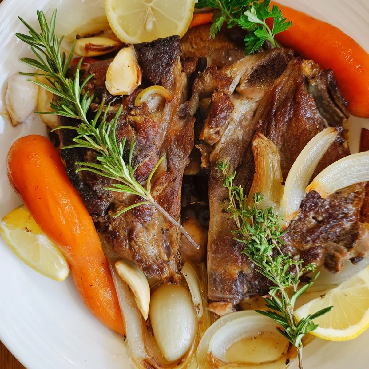 Sizzling golden brown Slow Cooked Lamb Shoulder fresh from the oven, garnished with fresh rosemary and thyme sprigs.
