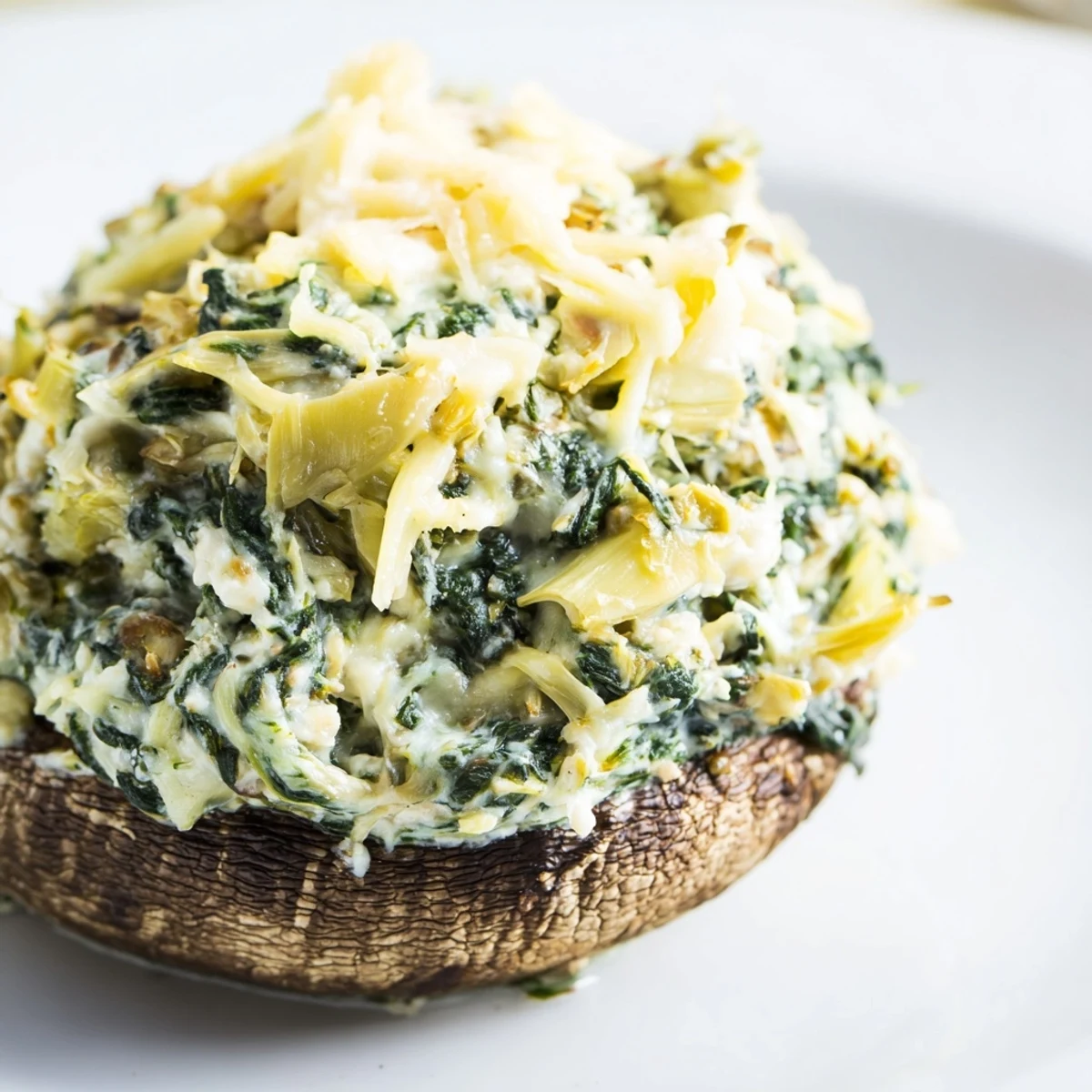 Golden-brown Cheesy Spinach and Artichoke Stuffed Portobello Mushrooms served on a rustic white plate.