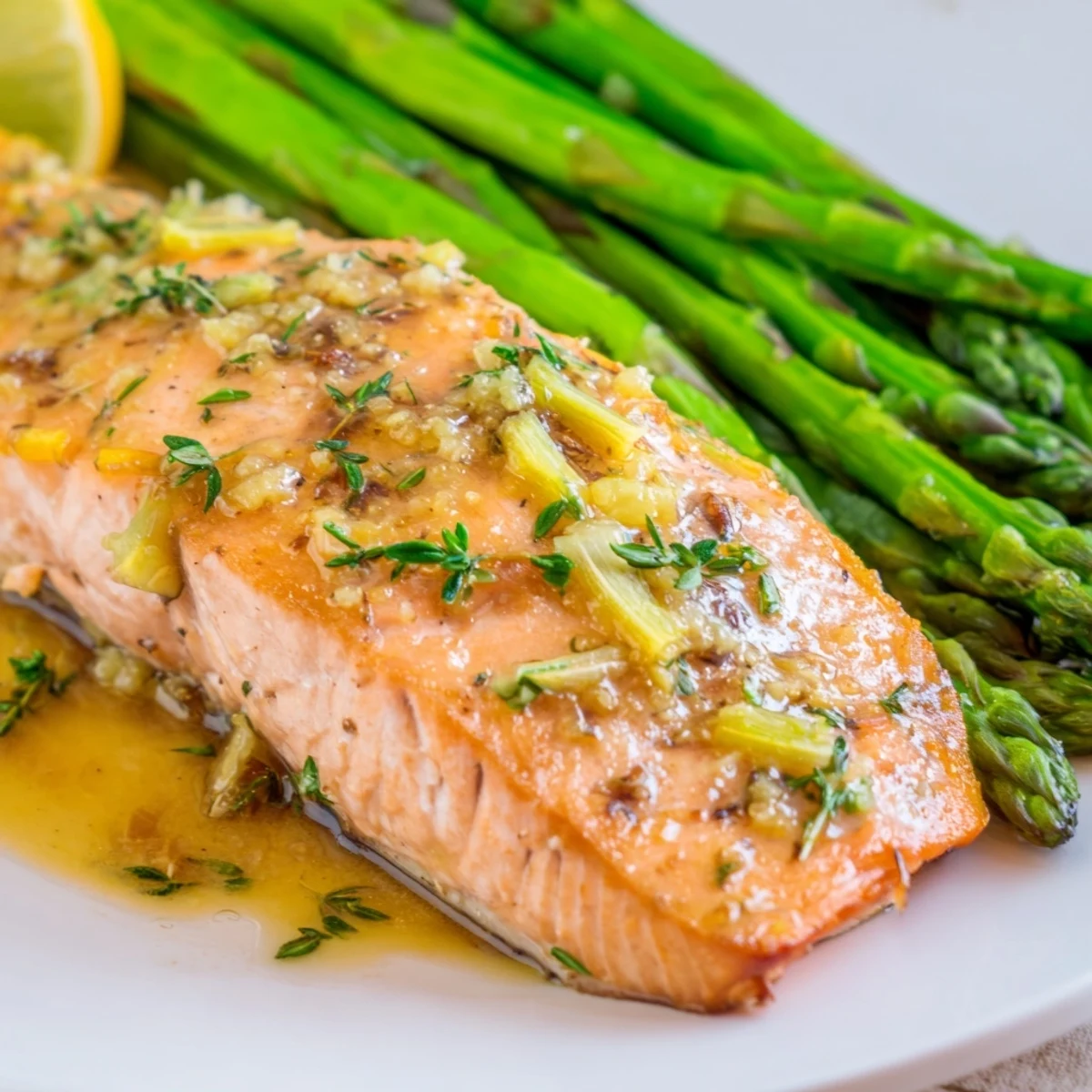 Golden-brown Lemon Garlic Butter Salmon with roasted asparagus on a baking sheet, garnished with fresh parsley and lemon wedges.