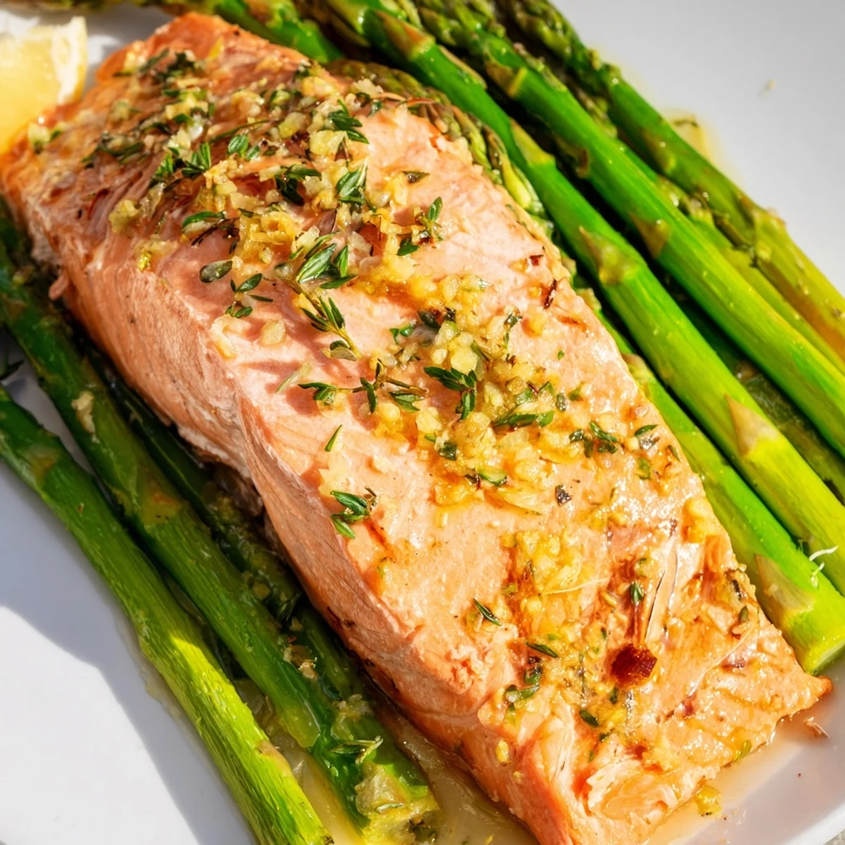 Freshly baked Lemon Garlic Butter Salmon and roasted asparagus served with lemon wedges on a white plate, ready to enjoy.