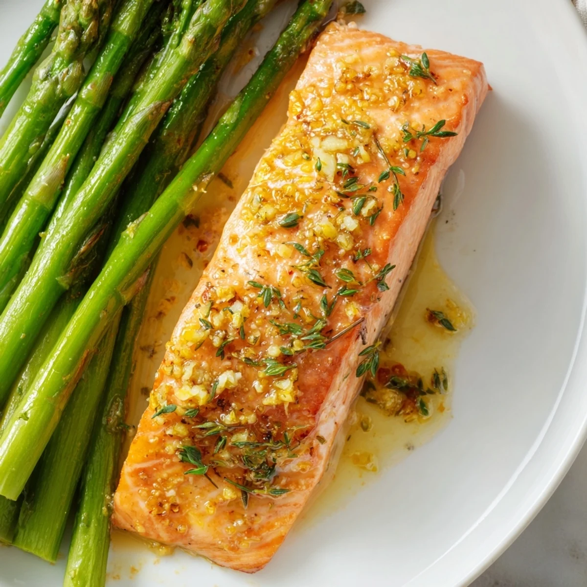Tender, flaky salmon fillets coated in zesty lemon garlic butter sauce beside crisp roasted asparagus spears on a parchment-lined tray.