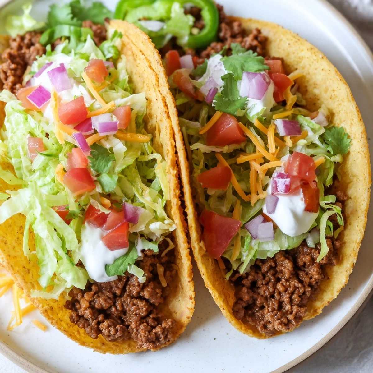 Crispy hard shell Beef Tacos filled with seasoned ground beef and loaded with fresh lettuce, cheese, and zesty salsa.