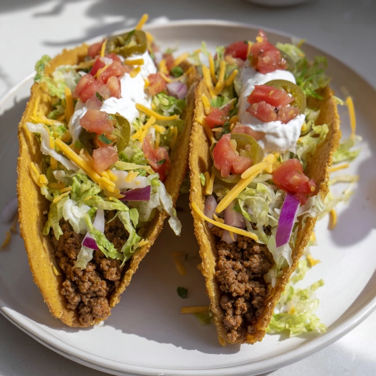 A close-up of golden hard shell Beef Tacos topped with diced tomatoes, onions, and a dollop of sour cream.