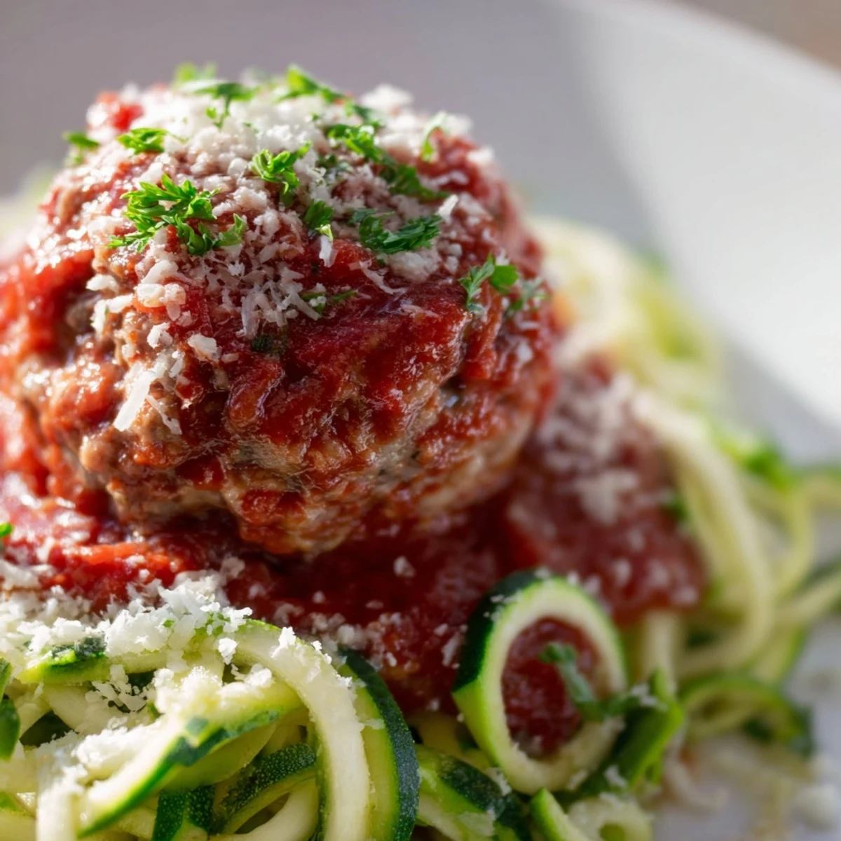 Juicy turkey meatballs on zucchini noodles, bathed in a vibrant homemade marinara, plated with fresh parsley and Parmesan.