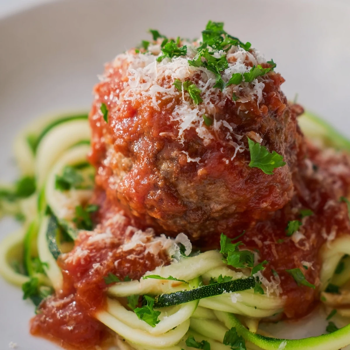 A skillet of golden turkey meatballs simmers in chunky marinara beside al dente zucchini noodles, served warm with fresh basil.
