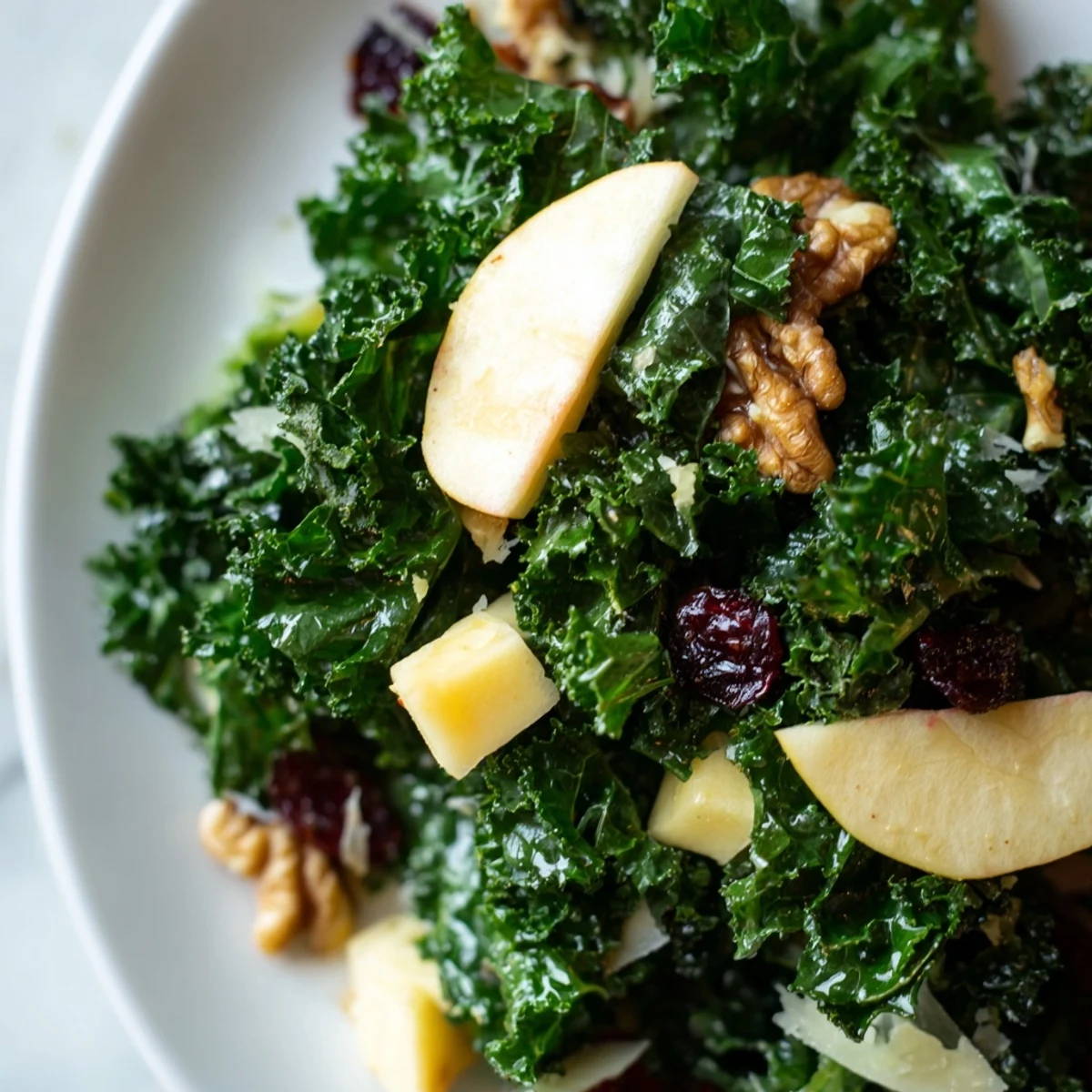 Festive Winter Kale Salad with Apple and Sharp Cheddar tossed in a zesty vinaigrette, served in a rustic white bowl for a healthy lunch.