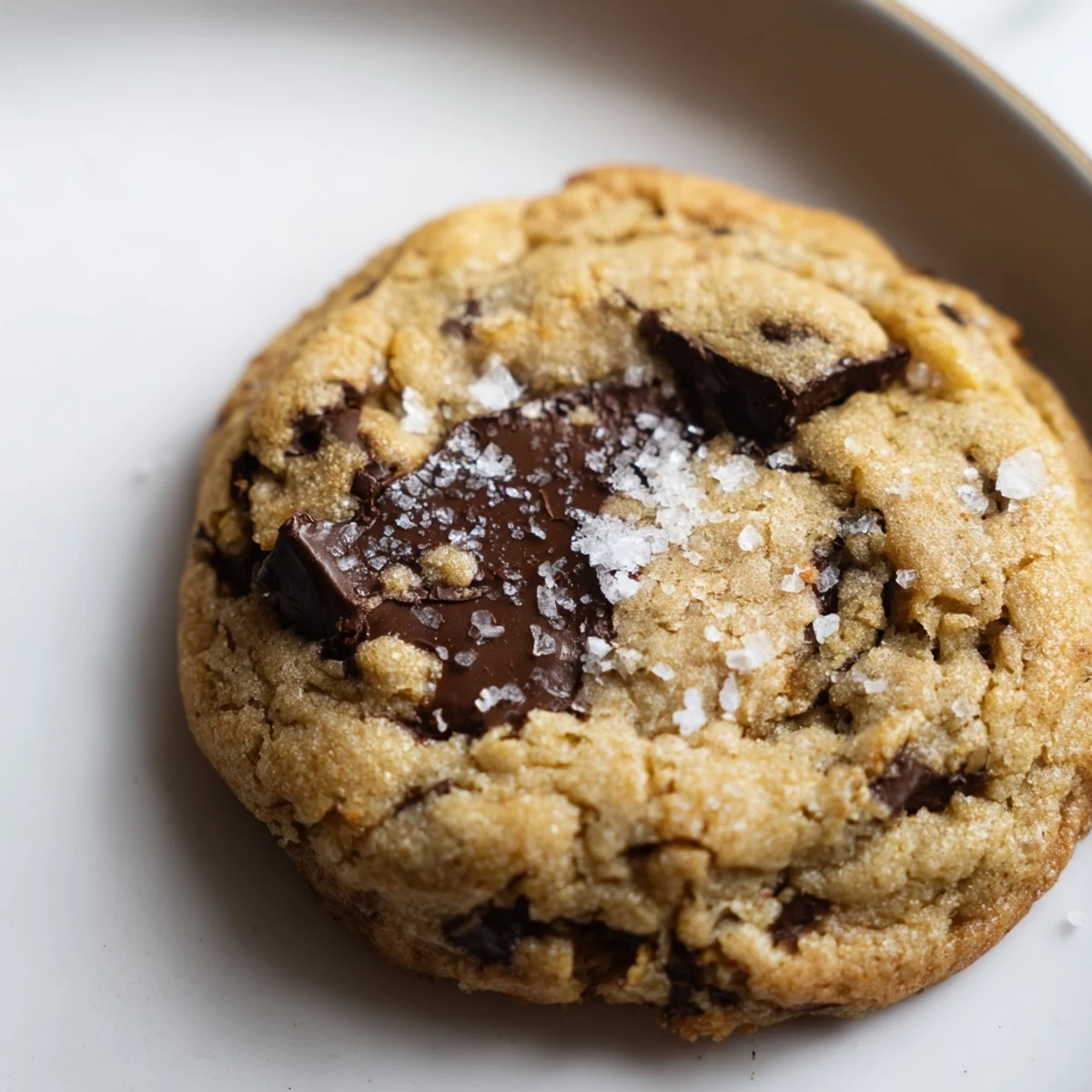 Freshly baked Chocolate Chip Cookies with Sea Salt Flakes on a wire rack with a glass of milk.