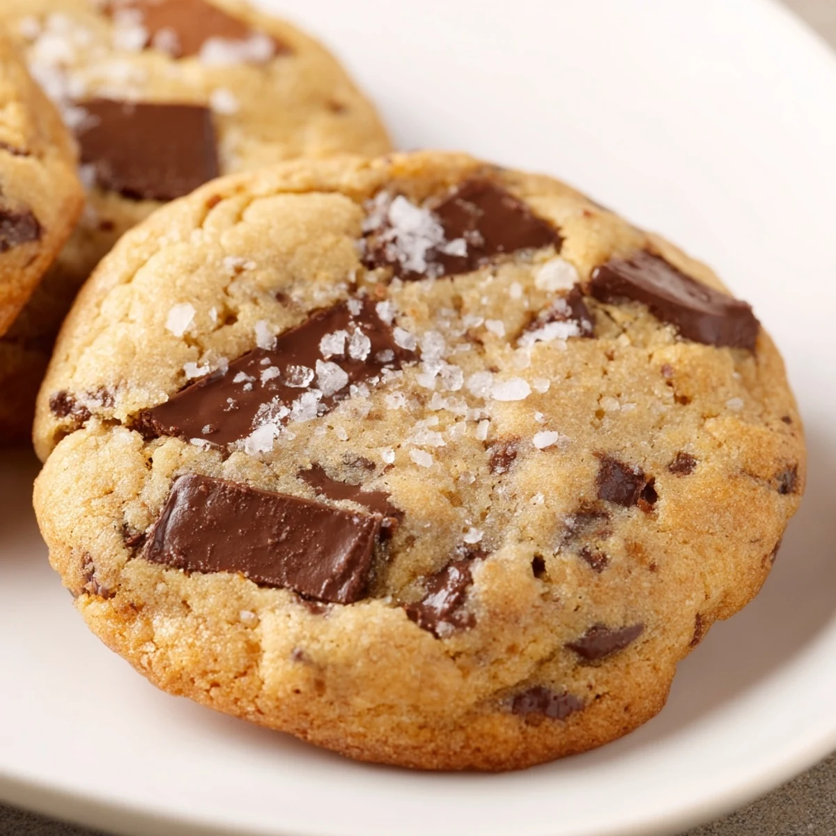 Golden-edged Chocolate Chip Cookies with Sea Salt Flakes stacked on a plate, ready for dessert.