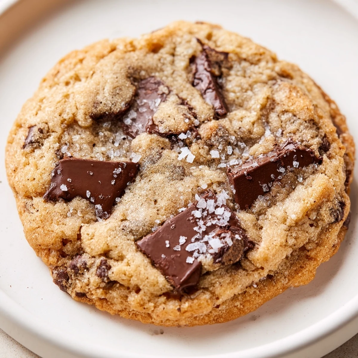Chocolate Chip Cookies with Sea Salt Flakes cooling on a tray, with chocolate melting and salty sparkle.