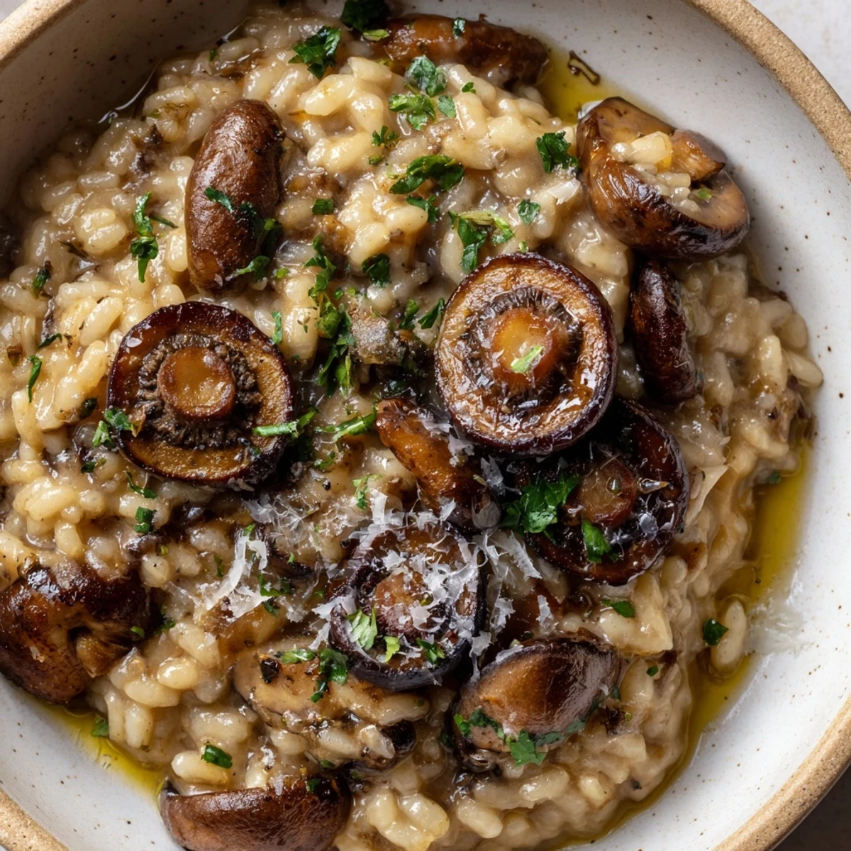 Freshly cooked Creamy Mushroom Risotto with Truffle Oil steaming in a shallow bowl, garnished with chopped parsley and shaved Parmesan.