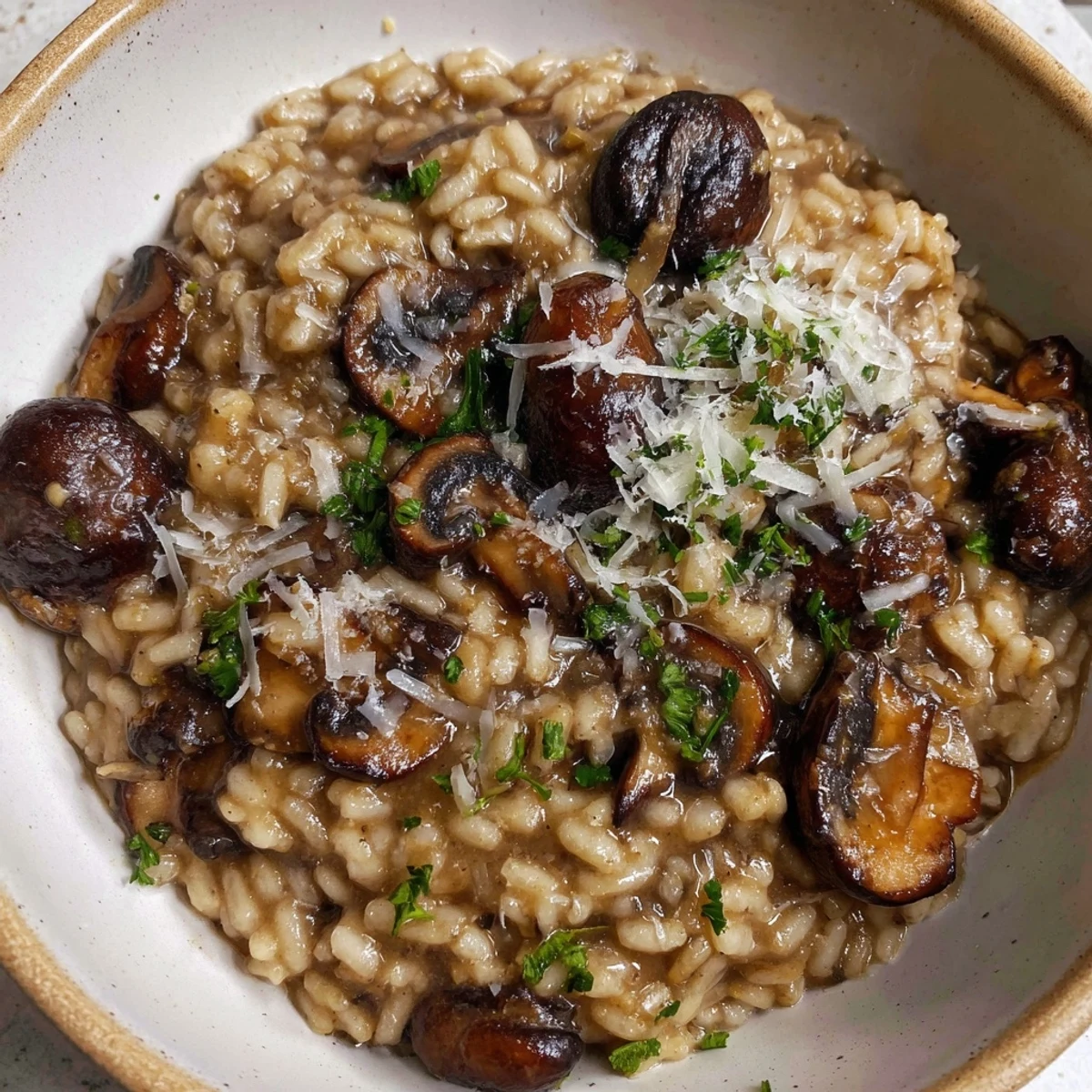Serving suggestion for Creamy Mushroom Risotto with Truffle Oil plated elegantly with a glass of white wine and fresh parsley.