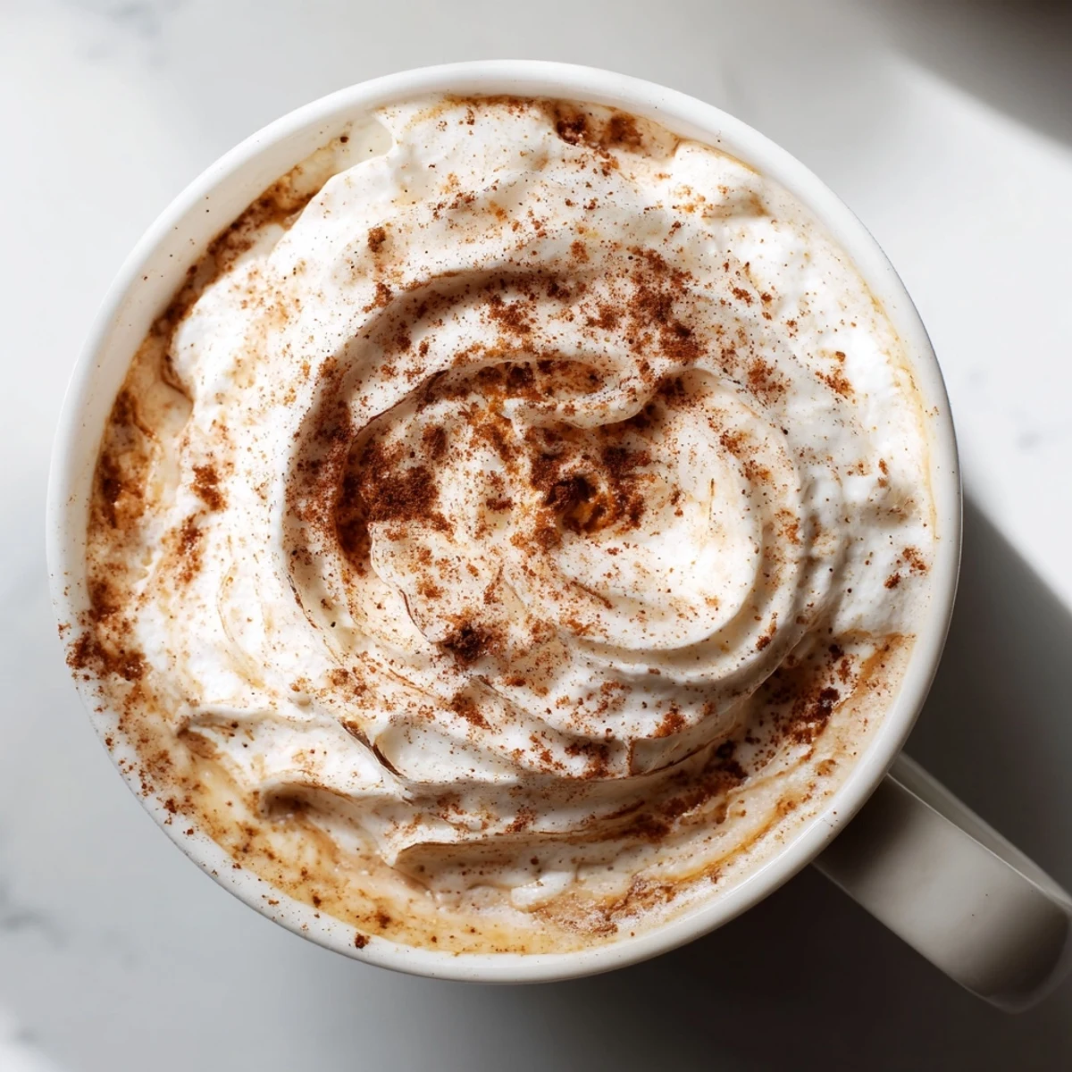 A steaming mug of Gingerbread Spiced Latte with Almond Milk, crowned with fluffy coconut whipped cream and a dusting of cinnamon.