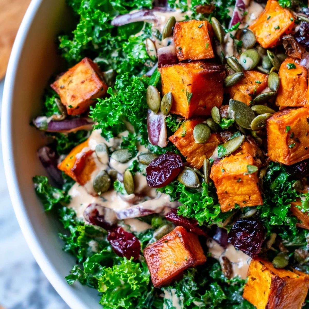 A close-up of the hearty Kale and Sweet Potato Salad with Tahini Dressing, showcasing vibrant orange and green colors for a healthy vegan lunch.