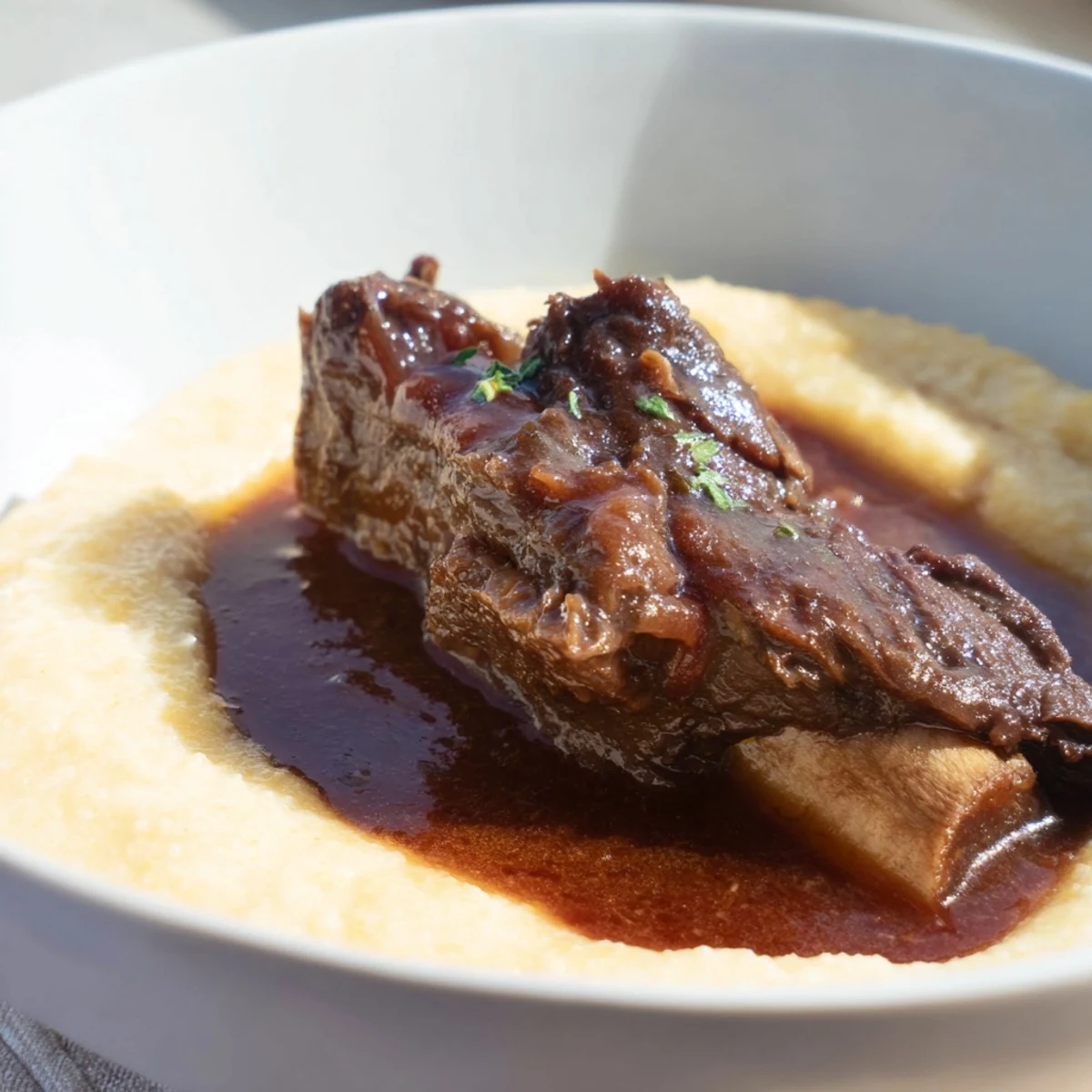 Hearty Slow Cooked Beef Short Ribs fall off the bone beside creamy polenta, drizzled with savory pan juices.