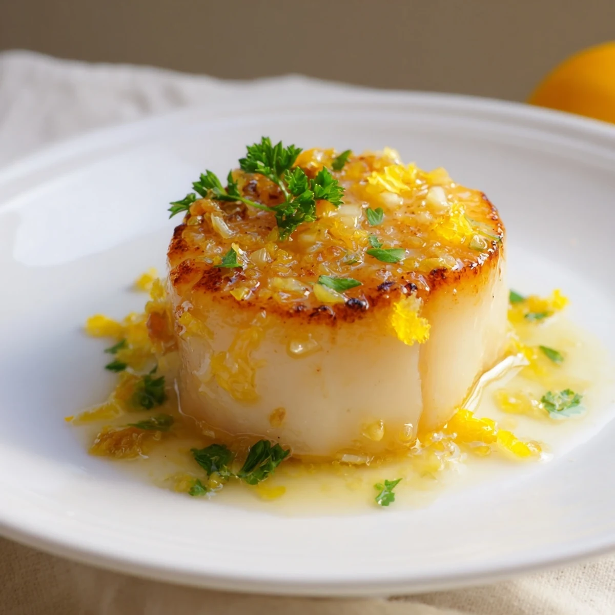 A close-up of tender Date Night Seared Scallops with Lemon Butter being spooned into a light, silky lemon butter sauce. 