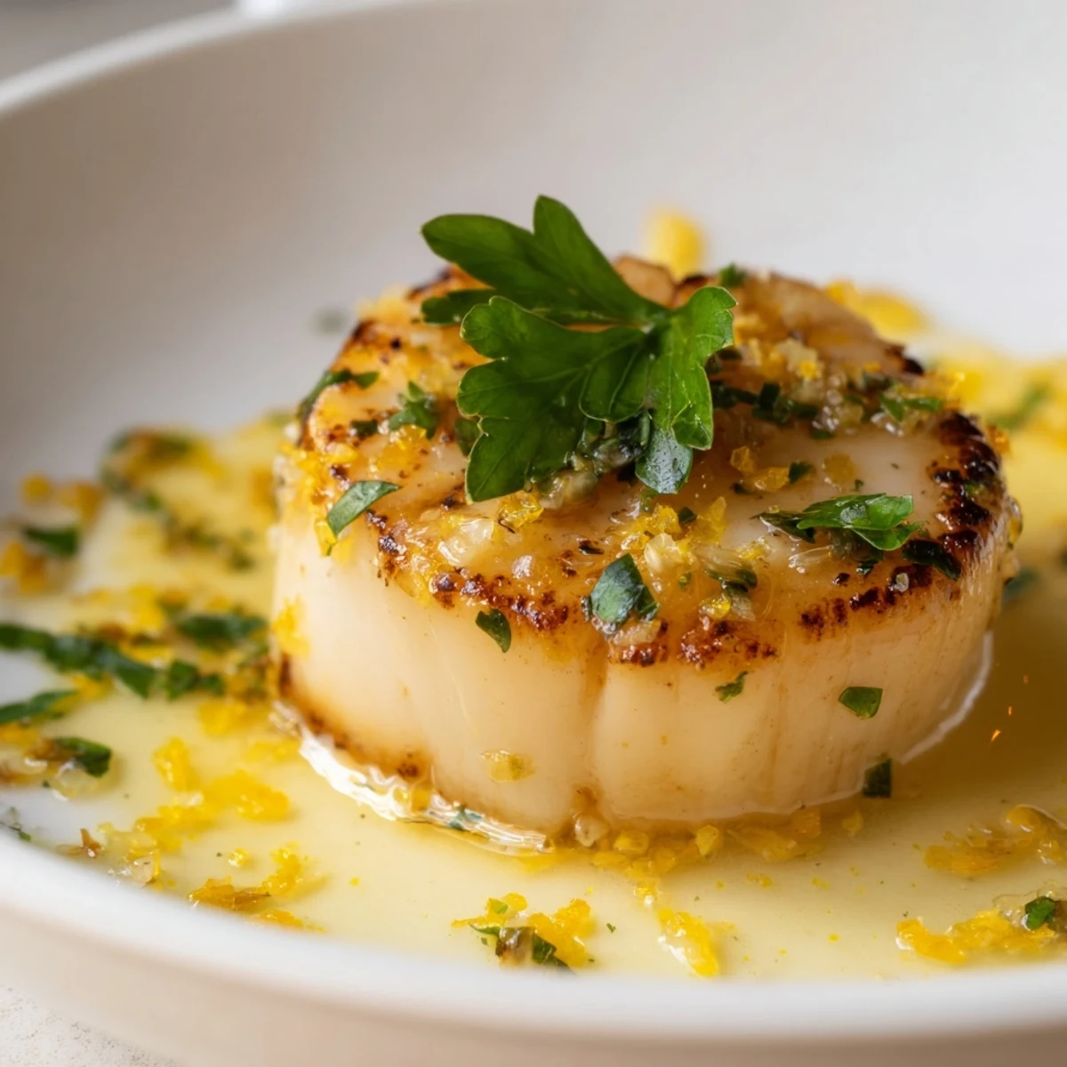 Serving suggestion for Date Night Seared Scallops with Lemon Butter, plated over risotto with steamed asparagus on the side.