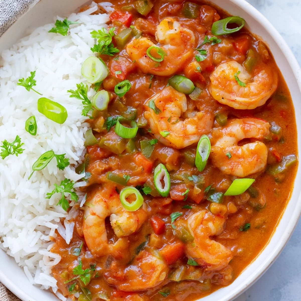 Tender shrimp in a rich Creole sauce served over fluffy white rice, capturing the essence of Louisiana cuisine.