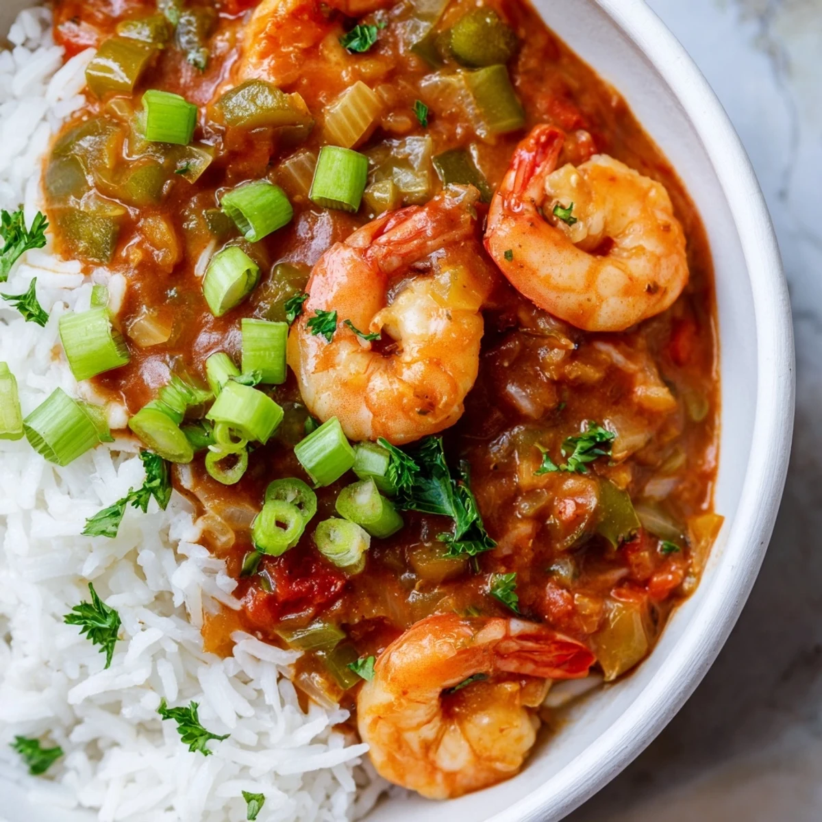 Freshly prepared New Orleans Shrimp Creole dish with colorful bell peppers and aromatic spices, ready to be enjoyed.