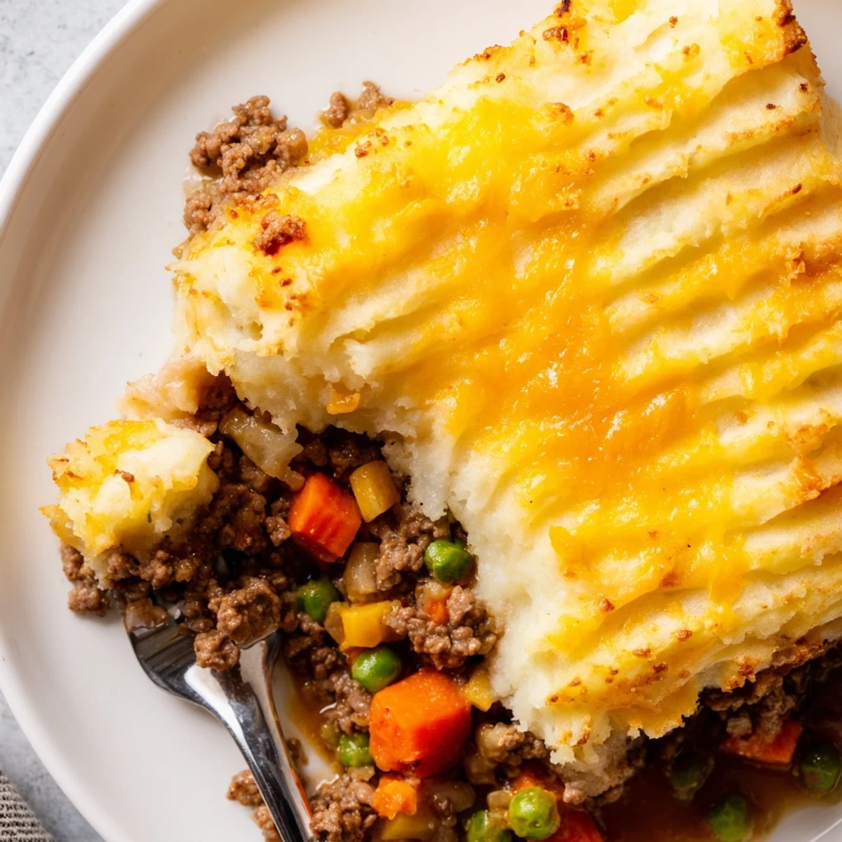 Hearty Emerald Isle Shepherd Pie served in a rustic dish, showcasing savory lamb filling and creamy mashed potato topping with visible herb garnish.