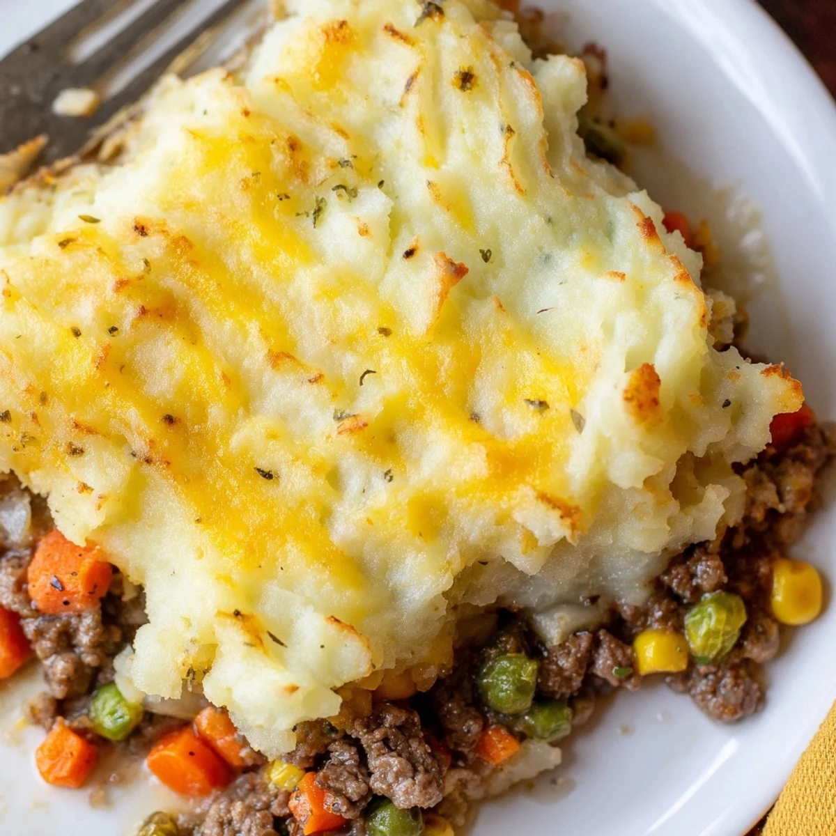 Golden-brown baked Emerald Isle Shepherd Pie with lamb, carrots, and peas, crowned with fluffy mashed potatoes and a melted cheddar crust.
