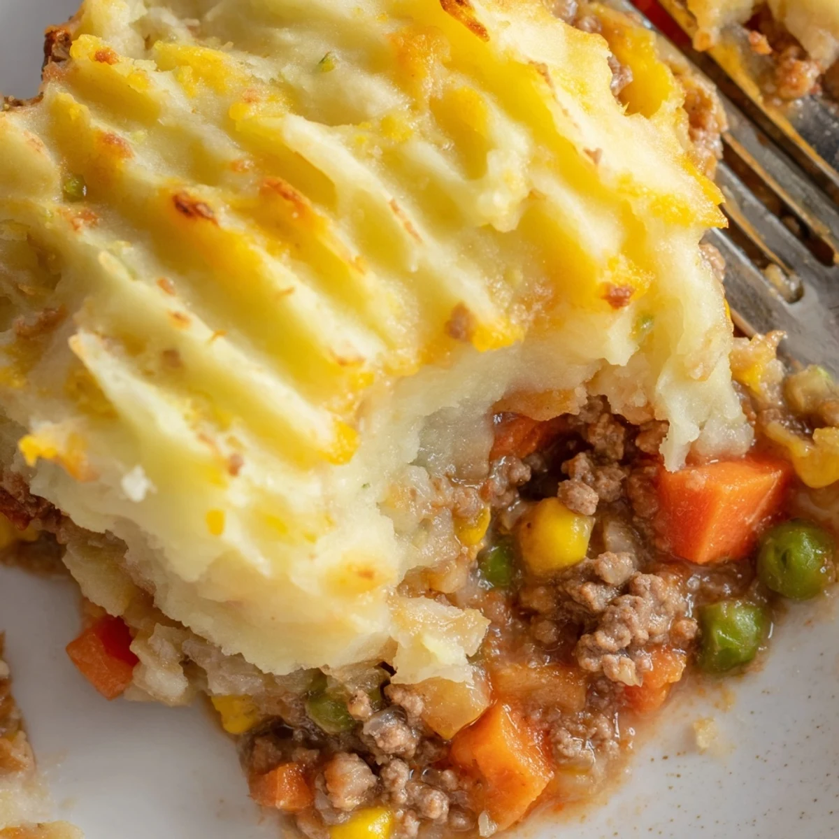 Sizzling Emerald Isle Shepherd Pie fresh from the oven, featuring a bubbling lamb and vegetable center under a golden, cheesy mashed potato crust.