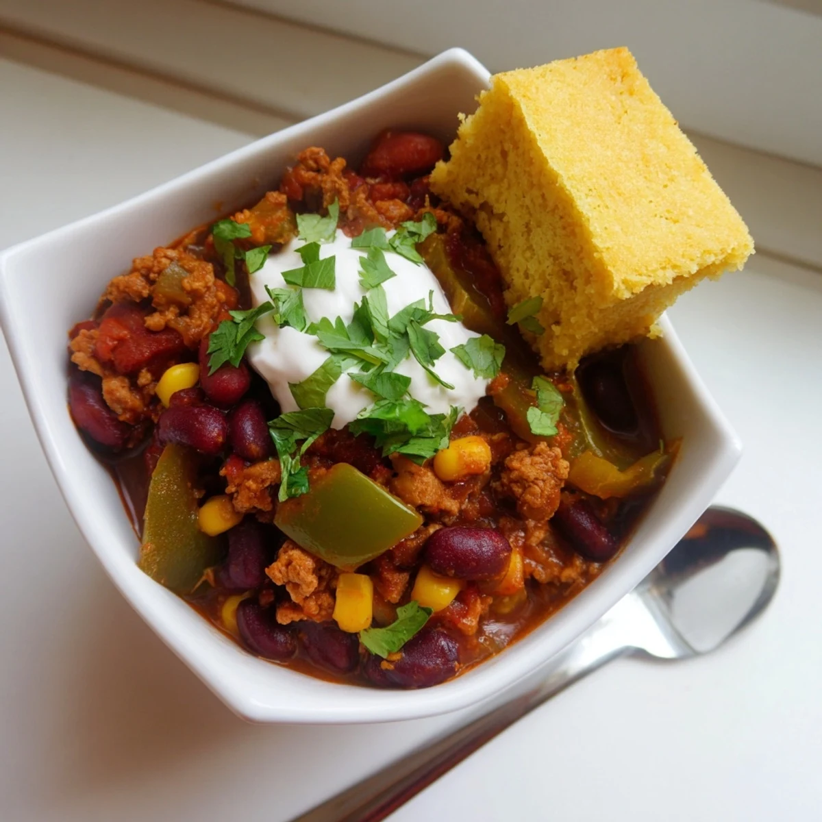 A hearty bowl of Touchdown Turkey Chili topped with crumbles of golden cornbread, garnished with cilantro.  