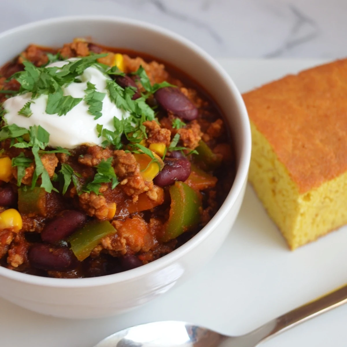 Steaming Touchdown Turkey Chili and a slice of moist cornbread, ready for game day entertaining.