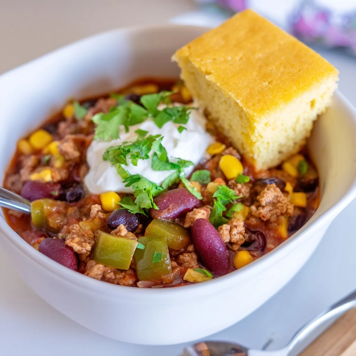 Spoonful of spicy Touchdown Turkey Chili alongside tender cornbread, served in rustic bowls on a wooden table.  