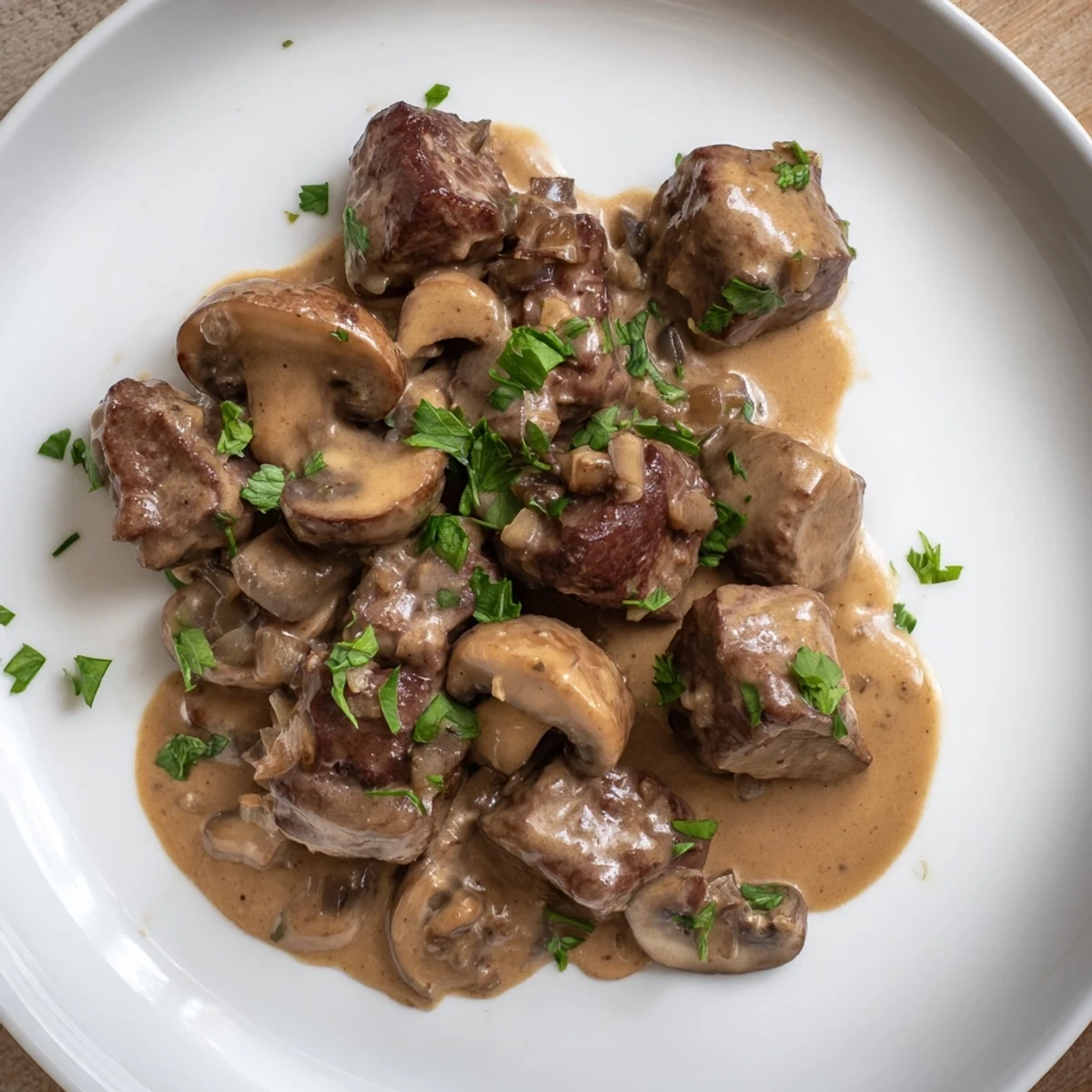 Golden-brown garlic butter steak bites topped with creamy mushroom sauce, served over mashed potatoes for a hearty dinner.
