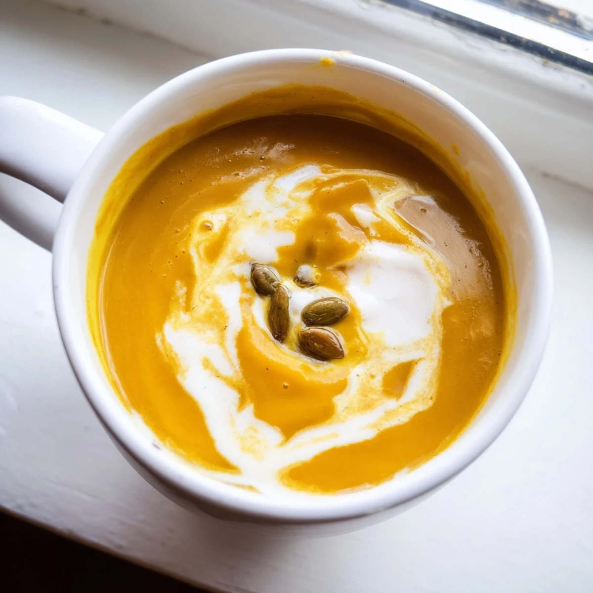 A bowl of creamy roasted butternut squash and apple soup, garnished with a swirl of cream and fresh thyme, served warm.  