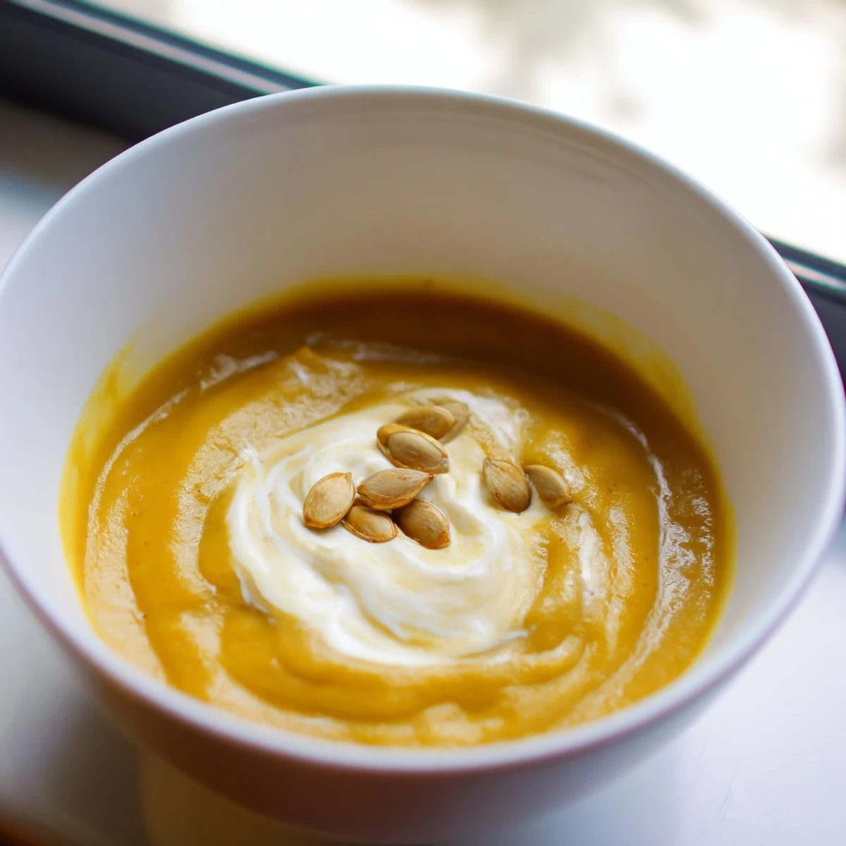 Golden roasted butternut squash and apple soup in a rustic ceramic bowl, ready to serve with crusty gluten-free bread.