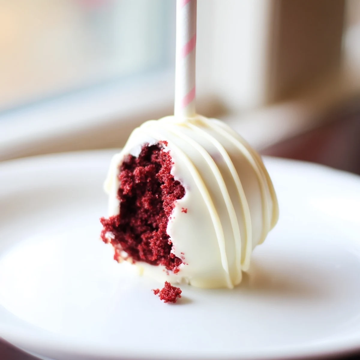 Crimson red velvet cake pops with white chocolate drizzle, displayed on a stand with sprinkles and a glass of milk.