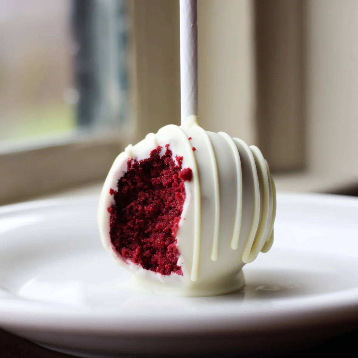 Moist red velvet cake pops dipped in silky white chocolate, garnished with crumbs and ready to serve at a party.